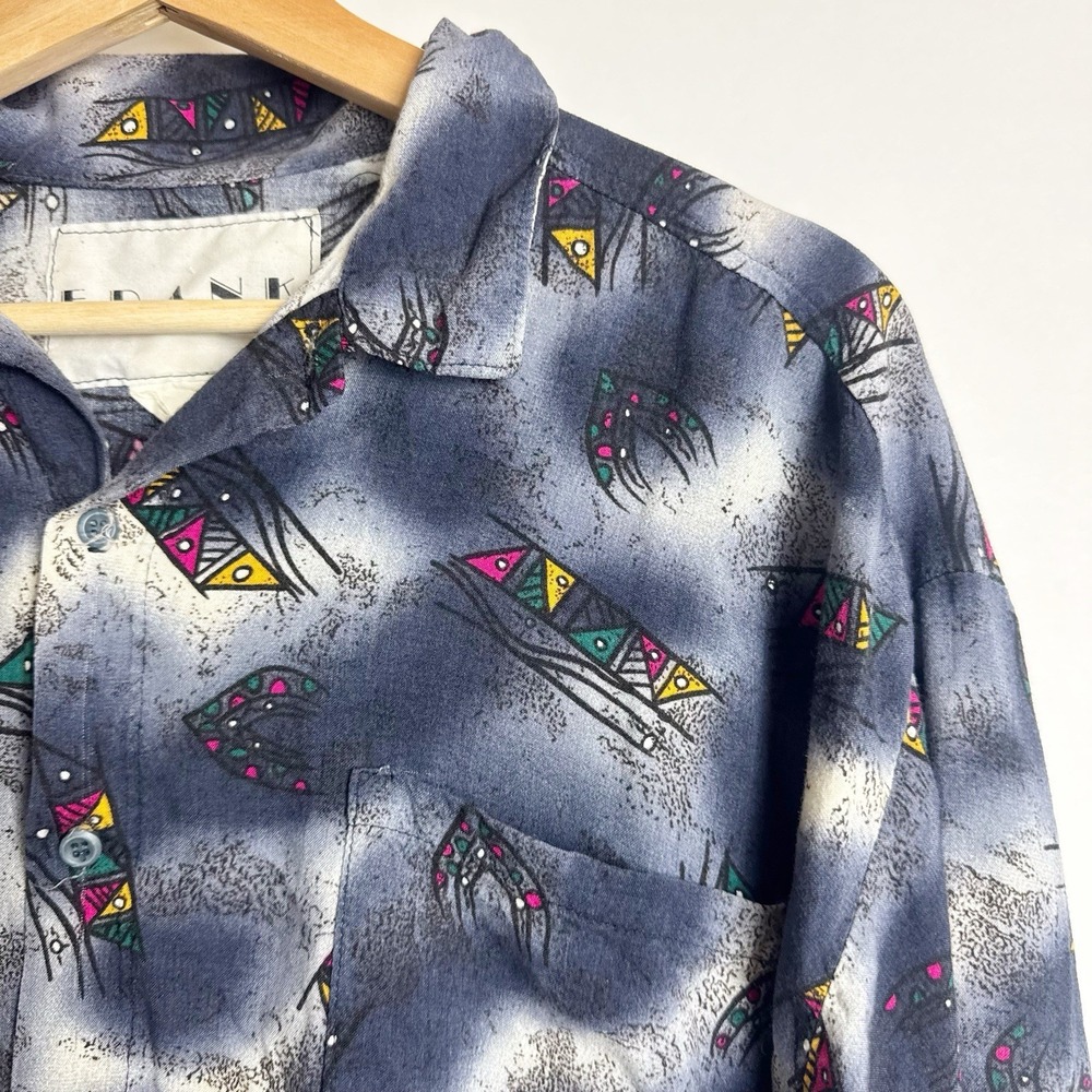 Frank Button Up Blue Pattern Shirt USA Made Men Medium 80s Southwestern Memphis